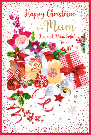 This delightful Christmas card for Mum, from Simon Elvin, is designed to share your warmest festive wishes. It features a charming arrangement of vibrant flowers, elegantly wrapped gifts, and classic Christmas baubles, beautifully capturing the spirit of the season. The design showcases a rich palette of reds, golds, and pinks, complemented by festive confetti and delicate snowflakes, creating a truly cheerful scene. With the message "Happy Christmas To You, Mum Have A Wonderful Time," it's a wonderful way to send a special greeting. Supplied in a convenient pack of 6, these cards are ready to help you spread holiday cheer.
