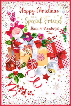Share the joy of the season with this lovely Christmas card for a special friend, from Simon Elvin. This design, perfect for a female friend, showcases a festive arrangement of beautifully wrapped gifts, shimmering baubles, and traditional holly, all accented with elegant flowers and sparkling confetti. The warm message 'Happy Christmas TO A Special Friend Have A Wonderful Time' is presented in a stylish script. It's an ideal choice for conveying heartfelt wishes. Available in a convenient pack of 6, ensuring you're well-stocked for the holidays.