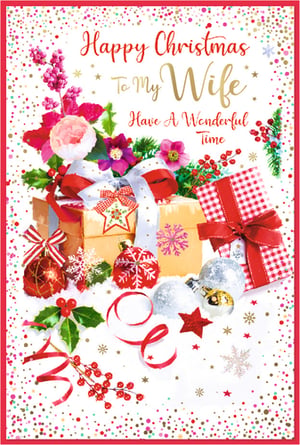 Help your customers celebrate their wives this Christmas with this charming card from Simon Elvin. Adorned with a delightful festive design, it features an abundance of seasonal flowers in pink and red, alongside shimmering Christmas baubles and beautifully presented gifts. The card carries the loving message 'Happy Christmas To My Wife', set against a backdrop of colourful confetti and delicate snowflakes. It's a wonderful way to convey warmth and affection during the holidays. Available in a convenient pack of 6, this card is a lovely addition to any Christmas collection, ensuring your shelves are stocked with thoughtful options for the festive season.