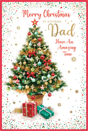 Show your Dad how special he is this Christmas with this wonderful card from Simon Elvin. The design features a beautifully decorated Christmas tree, adorned with classic red, gold, and teal baubles, shimmering tinsel, and a festive star topper. Two thoughtfully wrapped gifts sit at its base, adding to the joyful scene.
The heartfelt message, 'Merry Christmas TO A SPECIAL Dad Have An Amazing Time', is sure to bring a warm smile to his face. Sprinkled with colourful confetti and sparkling stars, this card perfectly captures the magic of the season. Available in a convenient pack of 6, it's an ideal choice for retailers looking to offer quality Christmas greetings for Dads.