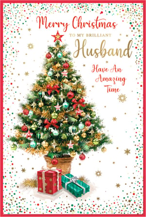 Help your customers celebrate their husbands this Christmas with this delightful card from Simon Elvin. The design showcases a beautifully decorated Christmas tree, adorned with festive baubles, golden tinsel, and a classic star topper. Two thoughtfully wrapped gifts rest at the base, enhancing the festive scene. A cheerful confetti border in red, gold, and green frames the warm message: 'Merry Christmas TO MY BRILLIANT Husband Have An Amazing Time'. This card is ideal for conveying love and appreciation during the festive season. Available in a practical pack size of 1x6, ensuring your shelves are ready for the holiday demand.