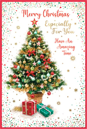 Spread festive cheer this Christmas with our delightful 'Open Male' Christmas cards from Simon Elvin. Featuring a beautifully decorated traditional Christmas tree, adorned with shimmering red, gold, and teal baubles, sparkling tinsel, and a radiant star topper, this card truly captures the magic of the season. Two thoughtfully wrapped presents sit at the base, adding to the joyful scene. The warm message, "Merry Christmas Especially For You Have An Amazing Time," makes it perfect for sending heartfelt wishes to anyone special. With a vibrant confetti border and golden stars, this design is sure to bring a smile. Available in a convenient pack size of 1x6, these cards are an excellent choice for your seasonal stock.