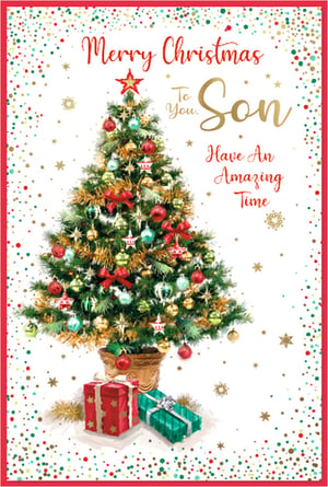 Send your Son the warmest wishes this Christmas with this charming card from Simon Elvin. It showcases a beautifully decorated Christmas tree, adorned with classic red, green, and gold baubles, shimmering tinsel, and a star topper. Festive presents are nestled at the base, completing the joyful scene. The card's design is enhanced by a playful confetti border in seasonal red, green, and gold. Inside, the message "Merry Christmas To You, Son, Have An Amazing Time" conveys sincere festive greetings. Stock up with this popular design, available in a pack of 6, perfect for your Christmas card selection.