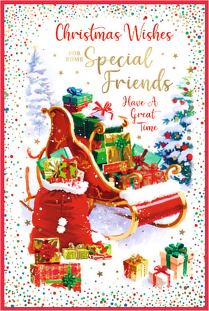 Spread festive cheer this Christmas with these delightful cards from Simon Elvin, perfect for those special people in your life. Featuring a classic sleigh overflowing with beautifully wrapped gifts, a brimming red sack, and snow-dusted Christmas trees, this design truly captures the magic of the season. The warm message, 'Christmas Wishes FOR SOME Special Friends Have A Great Time', makes it ideal for sharing heartfelt greetings with those who matter most. Each card is adorned with a joyful confetti border, adding an extra touch of sparkle. Perfect for retailers looking to offer quality Christmas cards that truly resonate. Available in a convenient pack of 6.