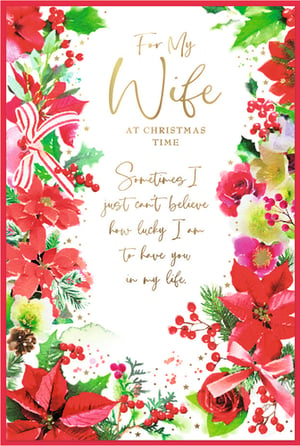 Help your customers express their deepest love this Christmas with our beautiful 'Wife' Christmas card from Simon Elvin. This exquisite card features a vibrant watercolour design of classic festive foliage, including poinsettias, holly, and berries, all accented with shimmering gold details. The heartfelt message, 'Sometimes I just can't believe how lucky I am to have you in my life,' is beautifully presented in elegant script, making it a truly special way to celebrate your wife at Christmas. Stock up on this popular design, available in a convenient pack of 6, perfect for adding a touch of warmth and sentiment to your seasonal card selection.