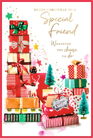Brighten a special friend's Christmas with this enchanting card from Simon Elvin. Adorned with a vibrant stack of beautifully wrapped presents in festive reds, greens, and golds, alongside sparkling stars and delicate watercolour splashes, this design truly captures the magic of the season. Miniature bottle brush trees and a charming white reindeer add an extra touch of festive cheer. The elegant gold foil lettering conveys a heartfelt 'Merry Christmas to a Special Friend' message. This card is perfect for sharing warm wishes and is supplied in a convenient pack of 6, ready for your customers to spread holiday joy.