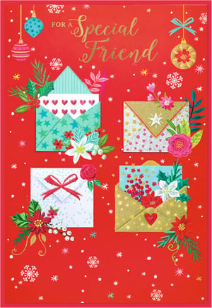 Make a friend's Christmas extra special with this charming card from Simon Elvin. Set against a festive red background adorned with snowflakes and baubles, this design showcases four distinctive envelopes. Each envelope is uniquely decorated with sparkling details, delicate flowers, and winter foliage, creating a lovely festive scene. The heartfelt message 'FOR A Special Friend' is elegantly displayed in gold script, offering a wonderful way to convey warm wishes. Supplied in a convenient pack of 6, these cards are ideal for customers seeking a thoughtful and visually appealing option to celebrate the season with their closest friends.