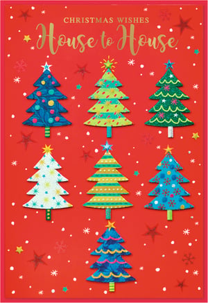 Spread festive cheer this Christmas with our delightful 'House to House' cards, brought to you by Simon Elvin. This charming design features a vibrant collection of seven uniquely decorated Christmas trees, each bursting with colour and intricate patterns. Set against a joyful red background, adorned with twinkling stars and snowflakes, the shimmering gold 'Christmas Wishes House to House' message adds a touch of elegance. These eye-catching cards are perfect for sending warm greetings and sharing the spirit of the season with friends and family. Available in a convenient pack of 6, they offer a wonderful way to convey your holiday joy.