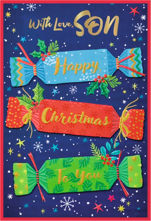 Send warm wishes to your Son this Christmas with this delightful card! Featuring a vibrant design, three festive crackers spell out "Happy Christmas To You" in cheerful gold lettering. Adorned with traditional holly and berries, the crackers pop against a starry, snowy blue background. The heartfelt message "With Love, Son" is beautifully highlighted in shimmering gold foil at the top, making it truly special. This card is perfect for expressing your affection during the festive season. Available in convenient packs of 6.