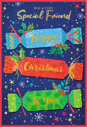 Make a friend's Christmas extra special with this charming card from Simon Elvin. Featuring a vibrant design, this card showcases three festive crackers in cheerful blue, red, and green, each beautifully detailed with holly and berries. The golden foil lettering stands out, wishing 'Happy Christmas To You' and proclaiming 'FOR A VERY Special Friend'. Set against a rich blue background adorned with sparkling stars and snowflakes, this card captures the magic of the season. It's a wonderful way to send warm wishes and spread festive cheer. Supplied in a convenient pack of 6, ready for your customers to share with their nearest and dearest.