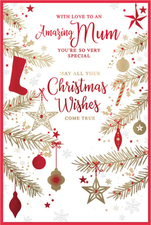 Send your amazing Mum the warmest Christmas wishes this Christmas with this beautiful card from Simon Elvin. Adorned with elegant gold Christmas tree branches, festive red and gold ornaments, including stars, baubles, a candy cane, and a charming stocking, the design truly captures the spirit of the season. The heartfelt message "WITH LOVE TO AN Amazing Mum YOU'RE SO VERY SPECIAL MAY ALL YOUR Christmas Wishes COME TRUE" is beautifully presented in a mix of script and classic fonts. A truly wonderful card to make her Christmas extra memorable. This design comes in a convenient pack of 6 cards.