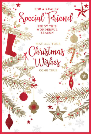 Share the joy of the season with a truly special friend with this beautiful Christmas card from Simon Elvin. Adorned with a classic red and gold festive design, it features elegant pine branches, sparkling stars, traditional baubles, and a touch of holly. The heartfelt message, "May all your Christmas Wishes COME TRUE," is perfect for letting them know how much you care. This delightful card is ideal for spreading warmth and cheer. Each wholesale pack contains 6 cards, ready for your customers to send to their cherished friends this holiday season.