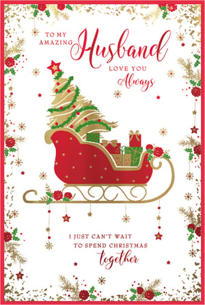 Show your amazing husband just how much he means to you this Christmas with this beautiful card from Simon Elvin. Featuring a charming festive design, it showcases a traditional red sleigh laden with a decorated Christmas tree and beautifully wrapped gifts, all set against a backdrop of sparkling gold and red accents, holly, and delicate snowflakes. The heartfelt message, 'TO MY AMAZING Husband LOVE YOU Always' and 'I JUST CAN'T WAIT TO SPEND CHRISTMAS together', perfectly captures the warmth and anticipation of the season. This lovely card is ideal for expressing your love and excitement for spending the holidays with your beloved. Available in a convenient pack of 6, ensuring you're ready for the festive season.