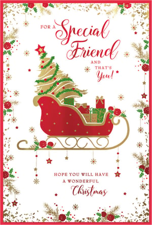 Offer your customers a truly special way to send festive cheer with this beautiful Christmas card for a friend. Featuring a charming sleigh piled high with a decorated Christmas tree and presents, all framed by elegant gold and red festive foliage, it’s a delightful design. The heartfelt message, 'For a Special Friend and That's You! Hope you will have a wonderful Christmas,' makes it perfect for expressing warm wishes. Supplied by Simon Elvin, these high-quality cards come in convenient packs of 6, ready for your retail display. A wonderful choice for any friend this holiday season.
