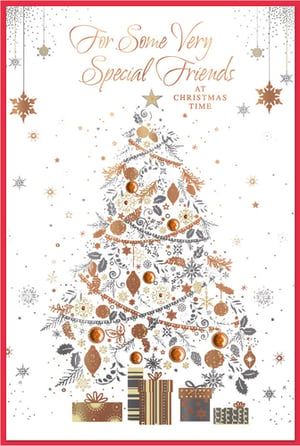 Celebrate your cherished friendships this festive season with our exquisite 'Friends' Christmas card from Simon Elvin. This beautiful design showcases a stunning Christmas tree, intricately crafted with elegant gold, bronze, and silver details. Delicate snowflakes, festive baubles, and charming presents at its base create a truly sophisticated look.
The heartfelt message, 'For Some Very Special Friends At Christmas Time,' makes it the perfect choice for conveying warm wishes to those who matter most. Its elegant aesthetic and warm sentiment are sure to delight your customers. Available in a convenient pack of 6, these cards are ideal for retailers seeking quality and style.