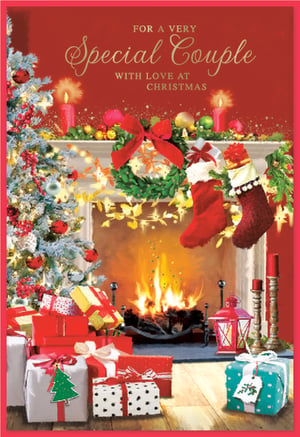 Send warm festive wishes with our delightful 'Special Couple' Christmas card from Simon Elvin. This charming design beautifully captures the essence of a cosy Christmas, perfect for celebrating a special pair.
The card features a traditional scene with a beautifully decorated Christmas tree, a crackling fireplace adorned with festive stockings and a lush wreath, and a pile of thoughtfully wrapped gifts. Rich reds, greens, and golden accents create a truly inviting and elegant holiday atmosphere.
Each pack contains 6 of these heartwarming cards, making them an ideal addition to your seasonal greeting card selection. Offer your customers a card that truly embodies the spirit of Christmas for those cherished couples.