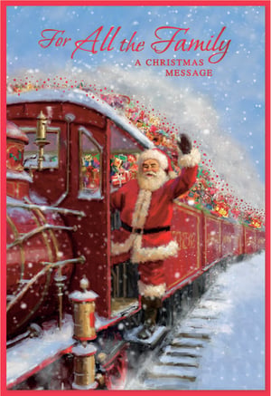 Send heartwarming festive cheer to every family with our 'To All The Family' Christmas cards. This delightful design features a classic Santa Claus, brimming with gifts, waving from a magnificent red train as it journeys through a beautiful snowy landscape. The traditional artwork and joyful scene capture the true spirit of Christmas, making it the perfect card to share with loved ones. Supplied by Simon Elvin, these high-quality cards are sure to be a popular choice for your customers. Each pack contains 6 cards, ready to spread seasonal joy.