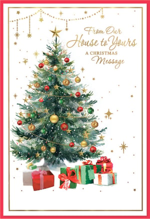 Bring festive cheer to your customers with our delightful 'House to House' Christmas cards, from trusted supplier Simon Elvin. This charming design features a beautifully illustrated Christmas tree, adorned with classic red, gold, and green baubles, and topped with a shimmering gold star. A scattering of elegantly wrapped presents sits at its base, creating a heartwarming scene.
The card's message, 'From Our House to Yours A Christmas Message', perfectly captures the spirit of the season, making it ideal for sending warm wishes to loved ones. With its traditional watercolour style and elegant gold accents, this card is sure to stand out on any display. Available in convenient packs of 6, these cards are a must-have for your seasonal collection.