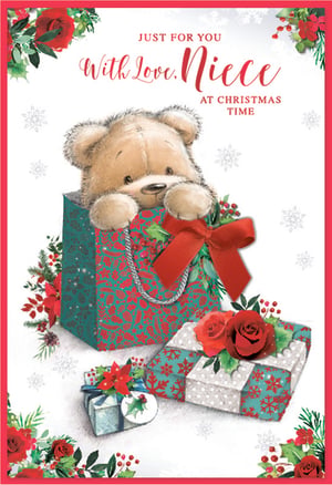 Send warm Christmas wishes to a special Niece with this adorable card from Simon Elvin. Featuring a charming teddy bear peeking from a festive gift bag, surrounded by beautifully wrapped presents, holly, and poinsettias, it's the perfect way to show your love. The delightful design, with its vibrant reds and greens, captures the magic of the season. Each card conveys a heartfelt message: "JUST FOR YOU With Love, Niece AT CHRISTMAS TIME". Stock up on this lovely design, available in a convenient pack size of 1x6, and help your customers celebrate their Nieces this Christmas.