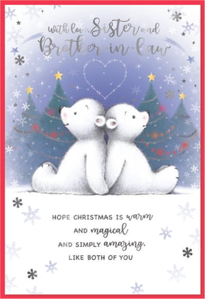 Help your customers send warm wishes to their beloved Sister and Brother-in-Law this Christmas with this enchanting card from Simon Elvin. The delightful design showcases two sweet polar bears in a magical winter wonderland, complete with twinkling Christmas trees, falling snowflakes, and a sparkling heart. The loving message, 'with love Sister and Brother in law', is beautifully complemented by the heartfelt sentiment inside: 'Hope Christmas is warm and magical and simply amazing, like both of you'. This charming card is perfect for expressing festive affection and comes in a handy pack of 6, ideal for your seasonal stock.