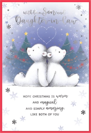 Celebrate your Son and Daughter-in-Law this Christmas with this enchanting card from Simon Elvin. The delightful design features two adorable polar bears, snuggled together in a magical, snowy landscape adorned with twinkling Christmas trees and delicate snowflakes. A shimmering heart above them beautifully symbolises their special connection.
The front of the card clearly states 'Son and Daughter-in-law', while the heartfelt message inside wishes them a Christmas that is 'warm AND magical AND SIMPLY amazing, LIKE BOTH OF YOU'. It's the perfect way to share your love and make their festive season truly memorable. This charming card is available in a convenient pack of 6.