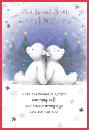 "For a Special Son and his Partner" Christmas Card by Simon Elvin.
This heartwarming Christmas card is perfect for sending festive cheer to a beloved son and his partner. Featuring two utterly adorable polar bears snuggled together in a magical snowy landscape, complete with twinkling Christmas trees and a sparkling heart, it's sure to bring a smile. The elegant front message is complemented by a lovely internal verse: "HOPE CHRISTMAS IS warm AND magical AND SIMPLY amazing. LIKE BOTH OF YOU." Crafted with care by Simon Elvin, this card offers a truly special way to convey your warmest wishes. Available in a convenient wholesale pack of 6, it's an excellent addition to any festive card collection. Share the warmth and magic this Christmas!