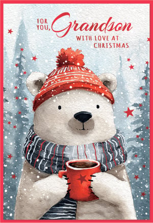 Send warm festive wishes to a special Grandson this Christmas with this adorable card from Simon Elvin. Featuring a charming watercolour illustration of a polar bear snuggled in a red bobble hat and striped scarf, holding a steaming mug, it perfectly captures the cosy spirit of the season. Snowflakes gently fall around the bear and winter trees, with little red stars adding a touch of magic. The heartfelt message 'For You, Grandson, With Love at Christmas' makes it a truly special greeting. This heartwarming design is sure to bring a smile. Available in a convenient pack of 6 (1x6) from Simon Elvin.