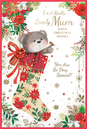 Show your Mum just how special she is this Christmas with this truly heartwarming card! Featuring an adorable teddy bear peeking out from a beautifully decorated festive stocking, complete with a charming little robin, it's sure to bring a smile to her face. Adorned with classic Christmas foliage, poinsettias, and delicate snowflakes, this card radiates warmth and love. The sweet message, 'For A Really Lovely Mum, Warm Christmas Wishes, You Are So Very Special!', perfectly captures your affection. A delightful choice to make her Christmas extra memorable.