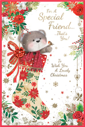 Send warm festive wishes to a cherished friend this Christmas with our adorable 'Friend Female' card from Simon Elvin. This delightful design features a sweet teddy bear peeking playfully from a beautifully decorated Christmas stocking, complete with a charming robin perched on its paw. Adorned with classic poinsettias, holly, and festive berries, the card's vibrant artwork perfectly captures the spirit of the season. The heartfelt message, "For A Special Friend... That's You! To Wish You A Lovely Christmas," makes it the ideal choice to show appreciation. Stock up for the festive season; these lovely cards are available in convenient packs of 6.