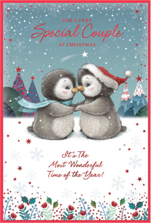 Bring joy to your customers this Christmas with our delightful 'Special Couple' card, perfect for celebrating love during the festive season. From renowned supplier Simon Elvin, this charming design features two adorable penguins, snuggled beak-to-beak in a magical snowy landscape. One wears a cosy blue scarf, the other a festive Santa hat, surrounded by twinkling stars, snowflakes, and vibrant Christmas foliage. The card beautifully conveys "FOR A VERY Special Couple AT CHRISTMAS" and "It's The Most Wonderful Time of the Year!" Each pack contains 6 heartwarming cards, making it an ideal addition to your seasonal collection. A truly sweet choice for any special pair!