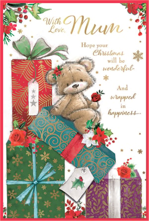 Make Mum's Christmas extra special with this enchanting card from Simon Elvin. This delightful design features a lovable teddy bear, complete with a festive sprig of holly, perched atop a stack of beautifully wrapped presents. The heartwarming message, 'Hope your Christmas will be wonderful and wrapped in happiness...', is perfectly complemented by charming details like sparkling snowflakes, holly, and vibrant poinsettias. It's the ideal way to convey warmth and affection during the festive season. Stock up on this popular choice, available in a handy pack of 6, and help your customers find the perfect Christmas greeting for their beloved Mum.