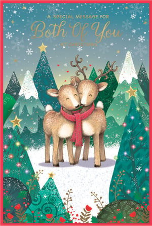 Spread festive cheer with this enchanting 'To Both Of You' Christmas card from Simon Elvin. Perfect for couples, this delightful design features two adorable reindeer, snuggled close and sharing a cosy red scarf, set against a magical snowy backdrop of twinkling Christmas trees and falling snowflakes. The heartwarming scene, complete with golden stars and subtle red hearts, beautifully conveys a special message of love and togetherness during the holiday season. This charming card is sure to bring a smile to any recipient. Available in a convenient pack size of 1x6, it's an ideal addition to your festive card collection.