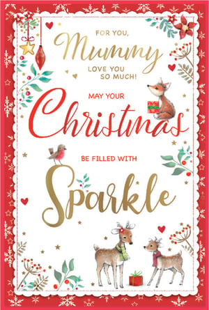 Make this Christmas extra special for Mums with our charming 'Mummy' Christmas card from Simon Elvin. This beautifully illustrated card features an enchanting festive scene, complete with a sweet fox holding a gift, a cheerful robin, and two adorable deer adorned with scarves, all nestled amongst seasonal foliage and sparkling accents. The loving message, "FOR YOU, Mummy LOVE YOU SO MUCH! MAY YOUR Christmas BE FILLED WITH Sparkle," makes it the perfect choice for children and adults alike to send warm wishes. A truly delightful card that will capture hearts. Supplied in a handy pack of 1x6.