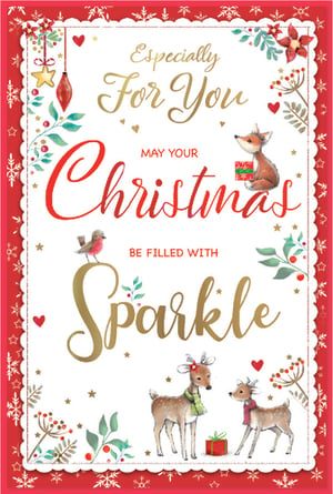 Add a touch of enchanting festive charm to your Christmas card collection with this delightful 'Open Female' design from Simon Elvin. Perfect for sending warm wishes to any special woman, this card features a heartwarming watercolour illustration.

Adorned with adorable woodland creatures – a sweet fox, a cheerful robin, and two charming deer – all set against a backdrop of festive foliage, berries, and twinkling stars. The heartfelt message, "Especially For You, May Your Christmas Be Filled With Sparkle," is beautifully scripted in gold and red.

With its vibrant red border, delicate snowflakes, and scalloped edge, this card exudes warmth and joy. Available in a convenient pack of 6, it's an ideal choice for retailers looking to offer truly lovely Christmas greetings.