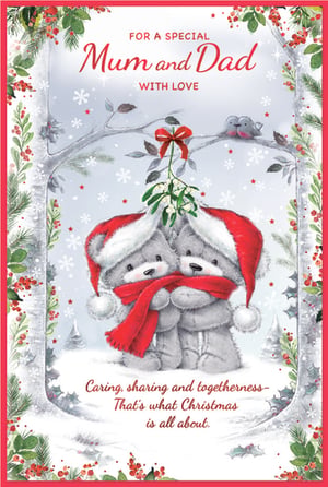 Bring warmth and festive cheer to your customers' Christmas with this adorable Mum & Dad Christmas card from Simon Elvin. Featuring two irresistibly cute bears in Santa hats, sharing a cosy red scarf under the mistletoe, this card perfectly captures the spirit of the season. The heartwarming message, "Caring, sharing and togetherness— That's what Christmas is all about," makes it an ideal choice for parents. Stock up on this charming design, available in a convenient pack of 6, and help your customers show their love to Mum and Dad this Christmas.