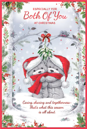 Share the festive spirit with this heartwarming "To Both Of You" Christmas card from Simon Elvin. The charming design features two adorable teddy bears, snuggled close in Santa hats and a shared red scarf, beneath a sprig of mistletoe. A pair of sweet birds perch on a snowy branch above, completing this delightful winter scene. The card's message, "Especially for Both Of You at Christmas," is beautifully complemented by the sentiment, "Caring, sharing and togetherness – That's what this season is all about." Perfect for sending warm wishes to a special couple, this card truly embodies the joy of the holidays. Available in a convenient pack of 6, it's ready to spread cheer.