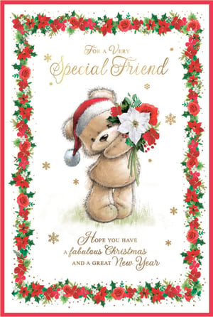 Spread festive cheer to a special friend this Christmas with this utterly charming card! Featuring an adorable teddy bear in a Santa hat, clutching a beautiful bouquet of seasonal flowers, it's sure to bring a smile. The heartfelt message wishes 'a fabulous Christmas and a great New Year', all framed by a delightful border of poinsettias and holly.
Designed specifically for a female friend, this sweet card is perfect for conveying warm wishes during the festive season. Stock up on these lovely cards, available in handy packs of 6, ready for your customers to share the joy.
