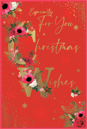 Send heartfelt festive greetings with this exquisite 'Especially For You Christmas Wishes' card. Its vibrant red background is beautifully adorned with elegant gold lettering, complemented by shimmering gold details and subtle snowflakes. The design is further enhanced by lush floral arrangements featuring rich red poppies, delicate white roses, and verdant ferns, artfully framing the prominent gold 'C' and 'W'. Perfect for any special woman,