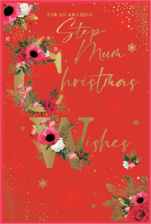 Make her Christmas truly special with this beautiful 'Amazing Step Mum Christmas Wishes' card. Featuring a stunning red background adorned with elegant gold script and festive floral arrangements, this card is designed to convey your warmest wishes. The intricate details, from the delicate snowflakes to the vibrant flowers and lush green foliage, create a truly eye-catching design. Perfect for showing your appreciation, this thoughtful card is sure to bring a smile to her face this festive season.