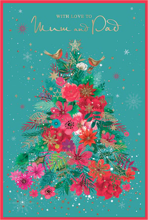 Show Mum and Dad how much they mean to you this Christmas with this truly beautiful card from Simon Elvin. Featuring a stunning, vibrant Christmas tree design, this card is adorned with an array of colourful festive flowers, delicate foliage, and sparkling glitter accents. Two charming robins perch amongst the branches, adding a touch of classic Christmas charm. The heartfelt message "WITH LOVE TO Mum and Dad" is elegantly displayed in gold script against a serene teal background, scattered with snowflakes and golden flecks. Perfect for expressing your warmest wishes, this card is sure to bring a smile to their faces. Available in a convenient pack of 6, it's an ideal choice for your festive card collection.