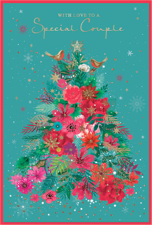 Delight your customers with this exquisite 'Special Couple' Christmas card from Simon Elvin. This stunning design features a beautifully illustrated Christmas tree, artfully composed of vibrant festive flowers in shades of red, pink, and green, all set against a rich teal background. Glistening gold accents, delicate snowflakes, and charming robins add a touch of magic, while the elegant gold script wishes 'WITH LOVE TO A Special Couple'. Perfect for those looking for a truly unique and heartfelt card this festive season. Each pack contains 6 cards, ensuring you're well-stocked for the holidays.