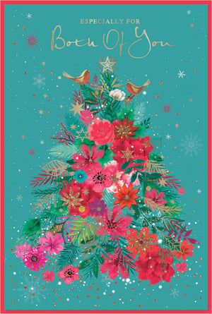 Presenting the 'To Both Of You' Christmas card from Simon Elvin, a truly enchanting design perfect for conveying warm wishes to a special couple or pair. This exquisite card showcases a unique Christmas tree illustration, artfully composed of vibrant red and pink flowers, lush green foliage, and shimmering gold accents. Two charming robins gracefully perch atop the tree, adding a touch of classic festive appeal. The elegant 'Especially For Both Of You' message is beautifully rendered in gold script against a serene teal background, subtly adorned with delicate snowflakes. Available in convenient packs of 6, these cards are designed to capture attention and spread joy this festive season.