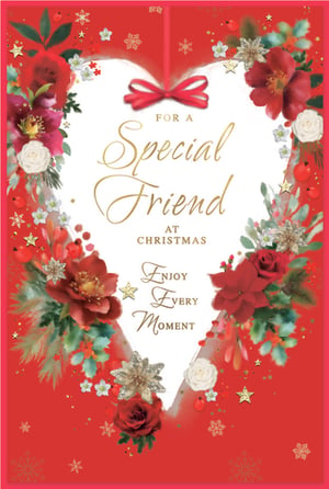 Offer your customers a truly special way to connect this Christmas with this exquisite 'Friend Female' card from Simon Elvin. This beautiful design features a central heart, richly adorned with festive red and white blooms, lush green foliage, and sparkling gold glitter accents. The heartfelt message, "FOR A Special Friend AT CHRISTMAS Enjoy Every Moment," is elegantly presented in a luxurious gold script. Perfect for conveying warm wishes and festive cheer, this card exudes a touch of class and sparkle. Each pack contains 6 cards, making it an ideal addition to your seasonal greeting card selection.