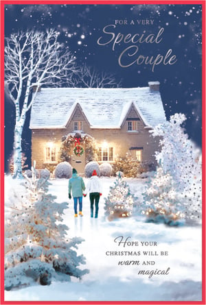 Capture the magic of Christmas with this enchanting 'Special Couple' card from Simon Elvin. The stunning design showcases a cozy, snow-covered cottage bathed in warm light, with a couple holding hands, walking towards its inviting glow. Adorned with festive decorations and sparkling snow, this card perfectly conveys a wish for a warm and magical Christmas. Ideal for sending heartfelt greetings to those special pairs in your life. Each pack contains six beautiful cards, ready to bring joy this festive season.