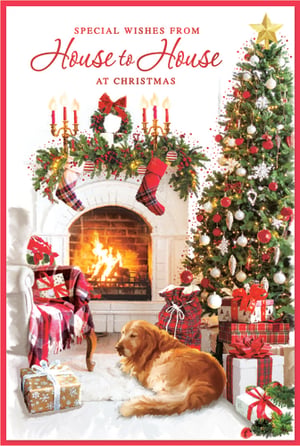 Capture the true spirit of Christmas with our "Special Wishes from House to House at Christmas" card. This heartwarming design beautifully depicts a festive living room scene, complete with a roaring fireplace, a mantelpiece adorned with classic decorations, and a magnificent Christmas tree twinkling with lights and ornaments. A beloved golden retriever rests peacefully amidst a scattering of beautifully wrapped gifts, adding to the cozy, homely atmosphere. Perfect for sending warm greetings, this charming card evokes feelings of comfort and joy. Supplied by Simon Elvin, each pack contains 6 cards, making it an ideal choice for your festive range.