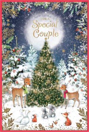 Bring festive cheer to your customers with our charming "Special Couple" Christmas card. This delightful design from Simon Elvin features a magical snowy forest scene, complete with a beautifully lit Christmas tree and an array of adorable woodland creatures. Two sweet deer, wrapped in cosy scarves, stand alongside playful rabbits, geese, a fox, and more, all gathered in the glistening snow. The card is adorned with the heartfelt message "FOR A Special Couple" in elegant gold script, making it the perfect choice for celebrating love during the holiday season. Supplied in a convenient pack of 6, this card is sure to be a popular pick for those looking to send warm wishes to their favourite pair.