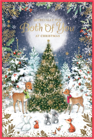 Introduce a touch of festive charm with the 'To Both Of You' Christmas card from Simon Elvin. This delightful design captures a serene winter scene, featuring a beautifully lit Christmas tree under a soft, glowing moon. A gathering of sweet woodland creatures – including two friendly deer, playful rabbits, graceful geese, and a curious fox – adds a heartwarming touch to the snowy landscape. Framed by an elegant border of holly and stars, this card is perfect for conveying warm seasonal wishes to a special couple. Available in a convenient pack of 6, it’s an ideal addition to your holiday card selection, offering customers a truly lovely way to celebrate together.