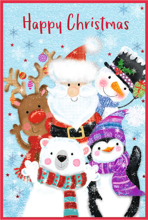 Spread festive cheer with this delightful 'Happy Christmas' card from Simon Elvin. Featuring an adorable gathering of beloved Christmas characters – Santa, a cheerful reindeer, a jolly snowman, a cuddly polar bear, and a sweet penguin – this card is bursting with warmth and holiday spirit. Each character is beautifully illustrated with charming details, set against a sparkling blue background adorned with snowflakes and stars.

Perfect for sending season's greetings to friends and family, this 'Open Male' design offers broad appeal for all your customers. Stock up your shelves with this popular choice, available in convenient packs of 6. A truly heartwarming card that captures the magic of Christmas!