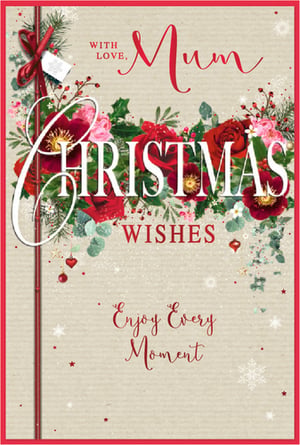 Offer your customers the perfect way to celebrate Mum this Christmas with this exquisite card from Simon Elvin. This beautiful design features a stunning festive floral arrangement, bursting with rich red and delicate pink blooms, lush green foliage, and sparkling accents. The elegant 'WITH LOVE, Mum' message is beautifully complemented by 'CHRISTMAS WISHES' and the warm sentiment 'Enjoy Every Moment'. It's an ideal choice for showing appreciation to a special mother during the festive season. Each pack contains 6 of these delightful 'Mum' Christmas cards, ready to add a touch of warmth and elegance to your seasonal collection.
