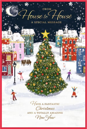 Bring festive cheer to your customers with our delightful 'House to House' Christmas cards from Simon Elvin. This charming design captures the magic of a snowy Christmas Eve, featuring a beautifully decorated tree, colourful houses, and people enjoying the winter wonderland. The enchanting scene is perfect for sending warm wishes to friends and family.
Each card conveys a special message for a fantastic Christmas and a totally amazing New Year. Available in a convenient pack of 6, these cards are ideal for retailers looking to offer a truly heartwarming option this holiday season. Stock up now and help your customers spread joy!